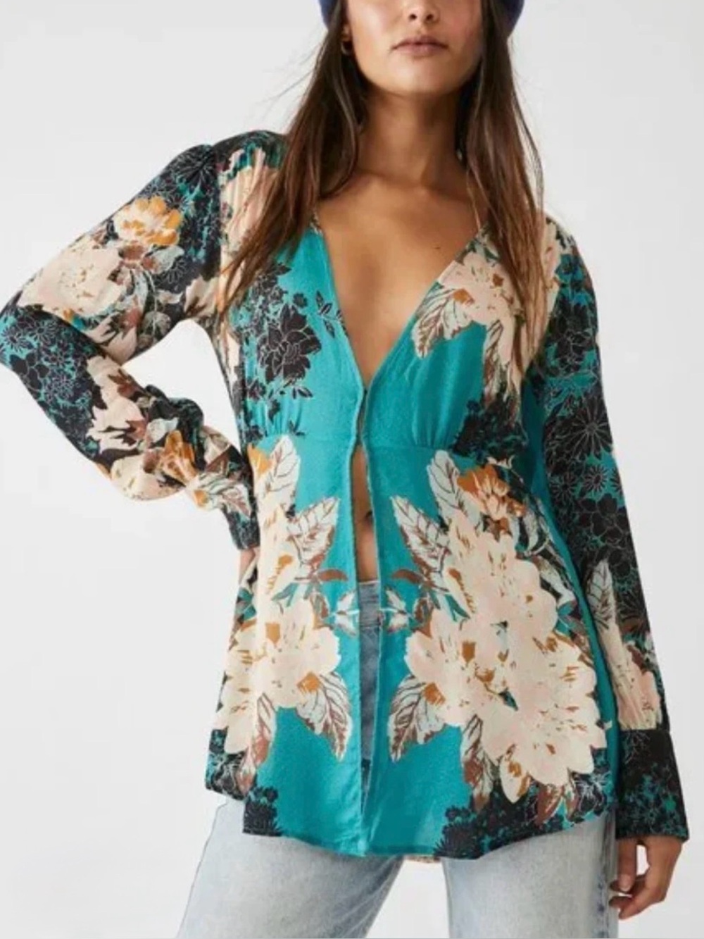 Free People Mikayla Floral Tunic Green Balsam V Neck Small NWT